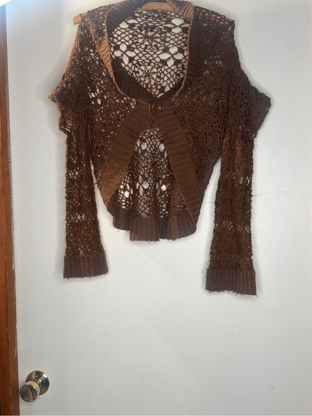 Women's Brown Crochet Openwork Shrug with Single Button
